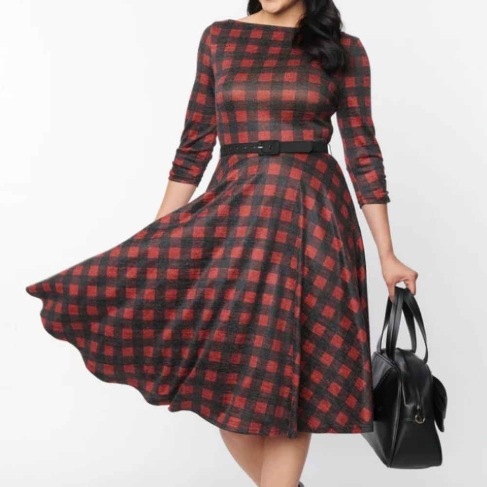 NWT UNIQUE VINTAGE Dress Black Plaid Devon Swing Belted Small Fit & Flare